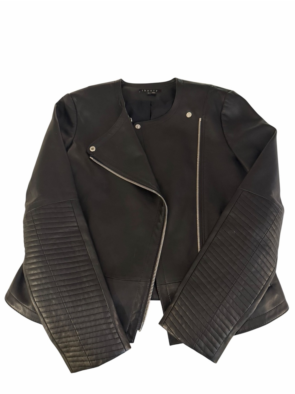 Theory Black Leather Moto Biker Jacket Quilted Sleeves Sz 8